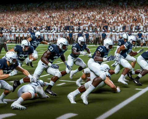 A high-definition, realistic image showing key events in a college football game involving a Penn State team. The picture captures the key players making decisive plays and changing the course of the game. The players, a mix of Caucasian, Hispanic, Black, and Asian descent, are seen in their distinctive blue and white uniforms, navigating the green football field with power and precision. In the background, you can see other players, officials, and parts of the enthusiastic crowd. Please note that the players should not be identifiable as any specific individuals.