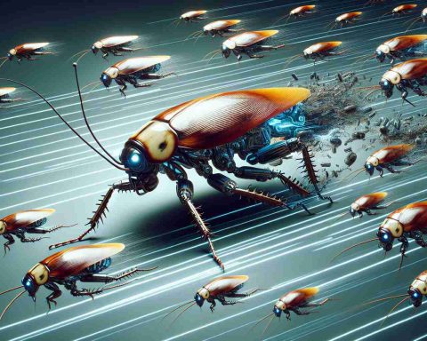 Generate a high-definition, realistic image showcasing a sci-fi concept of cyborg cockroaches. Picture a group of them fastly assembling together, illustrating a revolution of sorts. The scene encapsulates the awe, intrigue, and fascination associated with the merging of biology and technology. Here, the ordinary cockroach is transformed into a cybernetic organism marked by its extraordinary speed and efficiency.