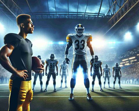 a hyper-realistic, high-definition image depiction of a hypothetical future sporting event. In the image, a talented and upcoming football player confidently faces off against an intimidating and powerful football team, known symbolically as the 'Steelers'. Anticipation hangs heavy in the air, spectators watch the field, the stadium is alight with glow of the illuminators and the player stands, ready to demonstrate his skills and possibly shine during the match.