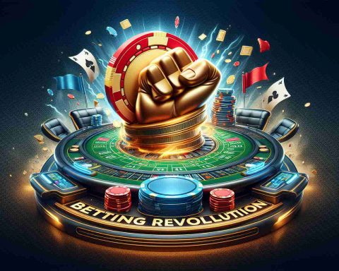 Realistic HD depiction of the concept 'Betting Revolution.' This concept should revolve around the title ‘Power Bet', possibly depicted through a dynamic, visually striking graphic representation of a betting chip in a power stance or a gaming table in a grand setting.