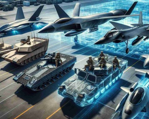 Generate a realistic HD image of highly advanced military vehicles showcasing the future of defense technology. The image should highlight a variety of land, air, and sea vehicles. Among the vehicles pictured, there could be a stealth tank with active camouflage applications, a jet with vertical lift capabilities, and a submarine with advanced stealth technology. Endeavor to create a setting that symbolizes innovation and the technological edge, possibly an advanced military base or testing facility.