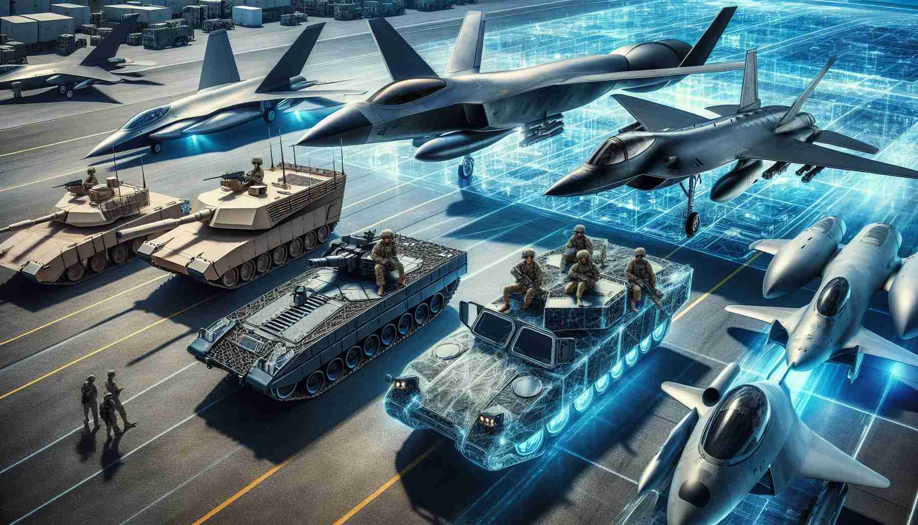 Generate a realistic HD image of highly advanced military vehicles showcasing the future of defense technology. The image should highlight a variety of land, air, and sea vehicles. Among the vehicles pictured, there could be a stealth tank with active camouflage applications, a jet with vertical lift capabilities, and a submarine with advanced stealth technology. Endeavor to create a setting that symbolizes innovation and the technological edge, possibly an advanced military base or testing facility.