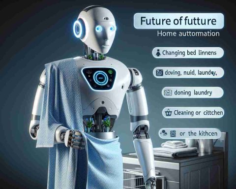 A realistic high-definition image featuring the future of home automation, a humanoid robot. This robot exhibits sophisticated technology, designed to simplify everyday mundane tasks. This multifunctional robot might be changing bed linens, doing laundry, cooking or cleaning the kitchen, showing its transformative potential for everyday life.