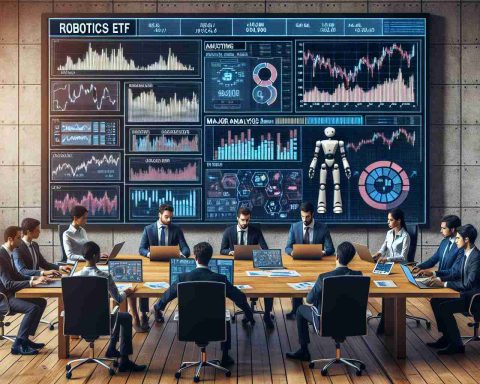 Create an realistic high-definition image representing a major hedge fund adjusting its holdings in a robotics ETF. Show a team of financial analysts of different genders and descents, South Asian, Hispanic, and Caucasian, sitting around a wooden conference table reviewing, analyzing and discussing a wealth of data on computer screens. The wall behind them could have an infographic depicting a fluctuation in the value of the robotics ETF. Let's dive into the world of high-stakes finance!