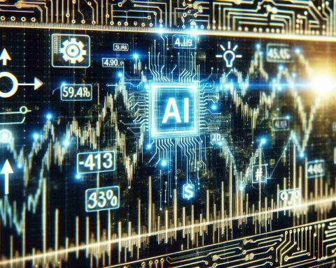 Generate a HD image showcasing a stock market graph with symbols and numbers pointing upwards to signify a surge in stock price. Provide an overlay of a futuristic AI-themed circuit board patterns as if to suggest that AI is a game changer in this context.