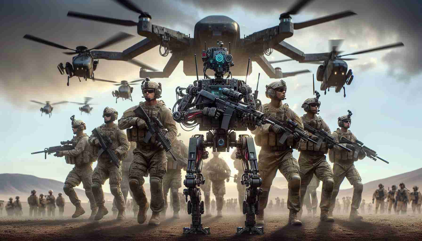 Create a realistic, high-definition image showcasing the transformation of special forces operations due to advanced revolutionary military robots. Display the robots with state-of-art technological capabilities, geared up in military-grade equipment on a mission in a challenging environment. Add an immersive feel of the complex yet efficient coordination between the robots and the human special forces team members, who are of both genders, and from various racial backgrounds such as Caucasian, Hispanic, Black, Middle-Eastern, and South Asian.