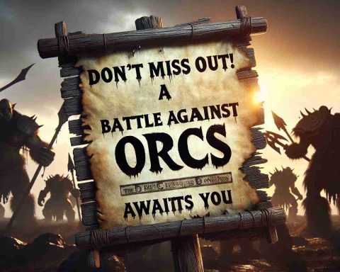 A realistically rendered high-definition image that captures the thrilling scene of an imminent battle with orcs. In the foreground, there might be a weathered parchment-style sign, its wooden edges curling, the bold words 'Don't Miss Out! A Battle Against Orcs Awaits You' inked across it in a dark, scratched font. In the background, silhouettes of menacing orcs armed with crude weapons could be seen against the setting sun, setting the stage for the upcoming confrontation.