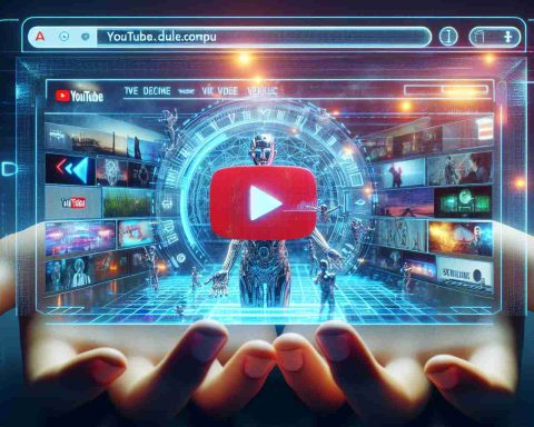 Generate a hyper-realistic, high-definition image of an online platform called 'YouTube.compu'. Picture a webpage interface incorporating the identifiable features of a futuristic video-streaming service, with a mix of advanced features like AI recommendations, holographic content preview, and virtual reality elements.