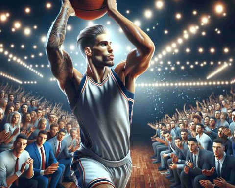 High-definition realistic image of a historic night in a basketball game. The focus is on a fabulous male player, who is showing off his skill and passion on the court surrounded by an excited audience. The atmosphere is filled with anticipation and speculation about whether the skillful player has a chance to win the Most Valuable Player Award. The scene is lit with bright court lights that add allure to the basketball game.