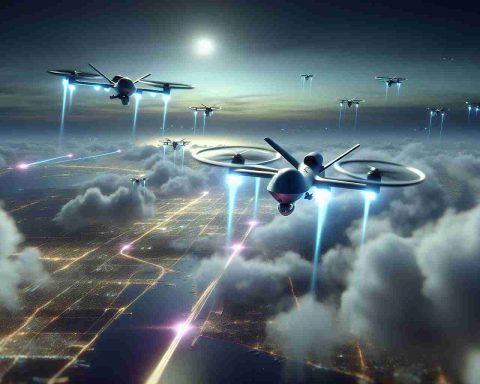 A high-definition, realistic image showcasing the future of defense mechanisms. Depict the scene where artificial intelligence is used to tackle aerial threats. Imagine unmanned modern aviation technologies like drones with complex machine learning algorithms targeting airborne threats, all set in a futuristic sky backdrop. Illustrate the drones as miniature crafts equipped with advanced sensing capabilities, their sleek design cutting through the clouds, their lights shining brightly against the backdrop of an overcast sky.