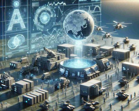 A high-definition, realistic illustration depicting a thriving military AI sector, with clusters of computers and advanced machinery, along with diagrams that illustrate sophisticated artificial intelligence algorithms. The scene denotes technological innovation and progress, without specific reference to any company.