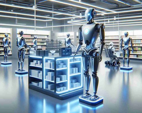 A realistic, high-definition image of futuristic robots designed to revolutionize the retail industry. The robots are constructed with sleek lines and cutting-edge technology, glimmering in metallic hues. They are shown interacting with various items in a retail setting, perhaps scanning barcodes, arranging shelves, or assisting customers. The setting itself is a modern, high-tech retail store lit with bright, welcoming lights. Some robots are humanoid, while others are more abstract, each with a unique design and functionality tailored for retail operations.