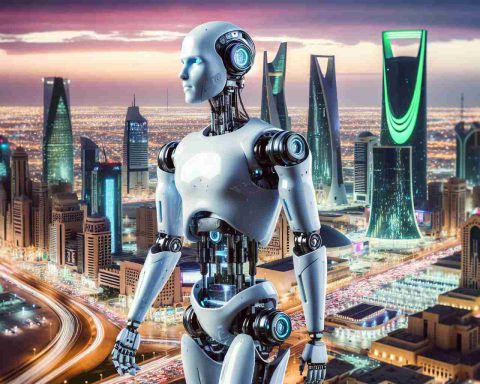 High-definition, realistic photograph of a futuristic humanoid robot, showcasing the ongoing technological revolution. The robot is set against an iconic backdrop of Saudi Arabia, embodying the nation's commitment to technological advancement. The scene is characterized by the robot exploring its surroundings in an Arabian urban landscape brimming with high-rise buildings, ambient lighting, and bustling streets.