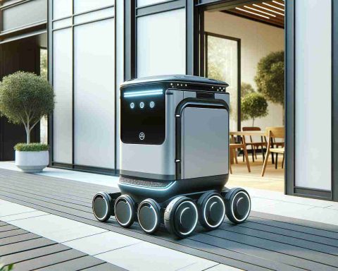 A realistic and high-definition image of an advanced delivery robot named Robotica Vector. This futuristic machine showcases the anticipated impact of technology on urban delivery systems. Its design features cater to the demands of urban environments, facilitating efficient and reliable doorstep deliveries.