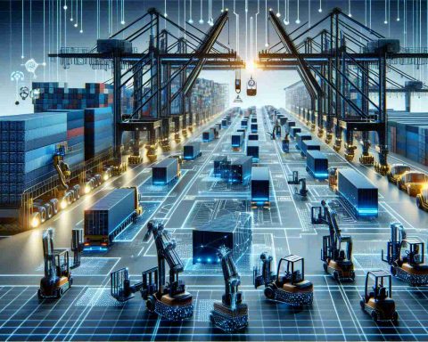 A detailed and high-definition image showing a futuristic scene of a loading dock. Here, artificial intelligence has taken over the operations. Various automated machines and robots with intelligent systems are seamlessly managing the tasks. Cranes and forklifts, equipped with AI, are seen loading and unloading large shipping containers. This digital transformation of logistics signifies the impact of technology in advanced industrial settings.