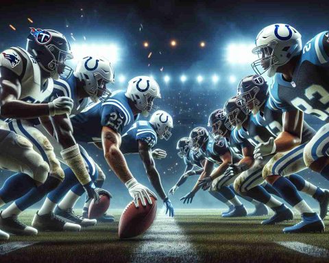 A detailed, high-definition visual representation of a vital American football match between two professional teams - the colts and the titans. The tension palpable in the air, the floodlit field, and energized crowd provides an indication of the crucial nature of the playoff hopes. Note: players' facial features, uniform details, and intensity of the match are important. Please, no indication of specific player identity.