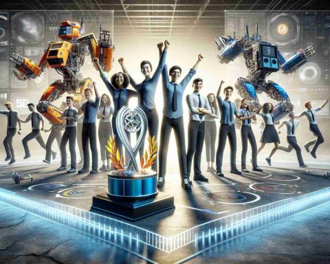 A high-definition, realistic image showcasing the achievements of a robotics team. The scene features two significant awards prominently displayed. In the background, there is a glimpse of the robot they've built, symbolizing their hard work and dedication. The team members, consisting of an equal mix of males and females of various descents such as Caucasian, Asian, Hispanic, and Black, are celebrating their victory, displaying a mix of joy, satisfaction, and triumphant energy.