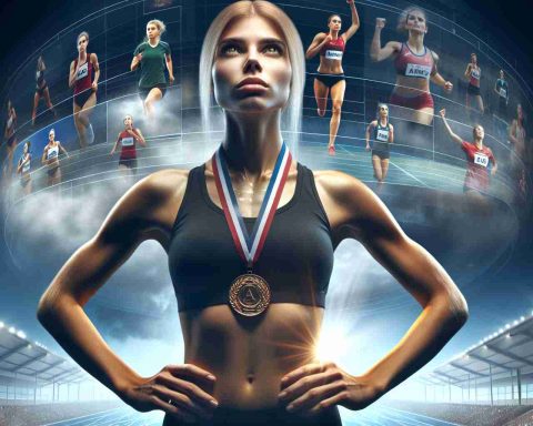 Generate a realistic HD image representing the concept of 'Victory Fuels Ambition'. Perhaps showcase a Caucasian female athlete standing on a podium with a gold medal around her neck, her eyes shining with determination and ambition for more. In the sky above, there's a projection of her future images, showing her further training, competing and winning, thereby symbolizing her ambition fueled by her victory.