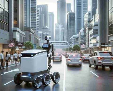 An ultra high-definition realistic image of the hypothetical future of automation focusing on delivery services. In the frame, visualize an unnamed automated delivery robot, similar in framework to a cutting-edge model called Pudu D9, known for its advanced technology. The robot is navigating a bustling cityscape, negotiating traffic, pedestrians, while successfully completing deliveries. Demonstrate its various potential features - sleek design, swift mobility, and advanced navigational capabilities that make it stand out as a game-changer. Emphasize an urban backdrop with tall buildings, contrasting with the compact, unobtrusive blueprint of the robot.