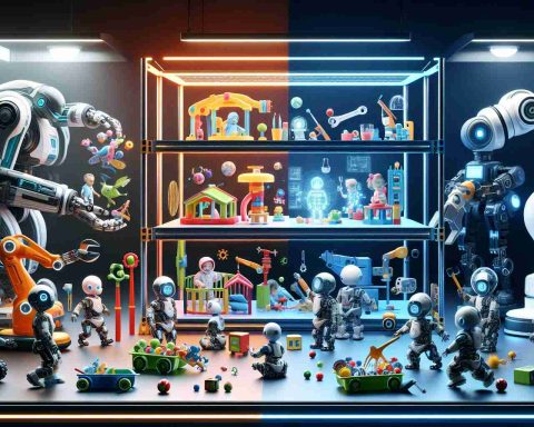 Realistic HD illustration of futuristic robotics: Depicting a scene where robots are being examined to determine their role. One side displays robots engaging with playful objects fit for a nursery, symbolizing toys, and on the other side, robots with construction tools indicating their function as tools. This scene should highlight the evolution and potential bifurcation in the future of robotics.