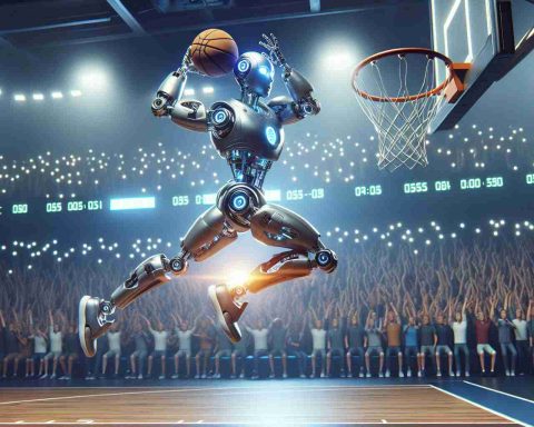 High Definition image featuring a breathtaking moment where an advanced robot, designed with sleek, metallic hues, and light-emitting diodes for eyes, shatters a basketball record. The scene unfolds on a basketball court, filled with an excited crowd in the background, their faces conveying a mix of awe and delight. The robot, with distinctive, angular joints and fluid movements, is mid-air, preparing an unorthodox shot. A digital display board in the background blinks with new high scores, echoing the momentous contribution of artificial intelligence in sports.