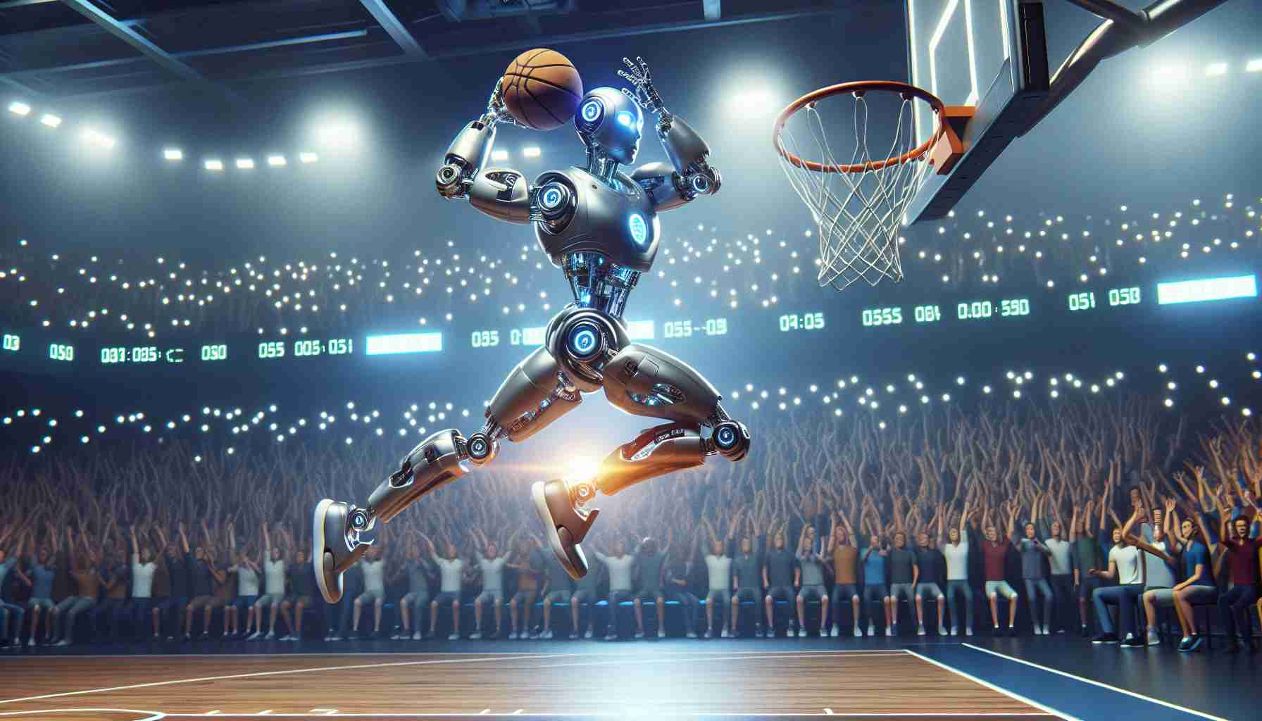 High Definition image featuring a breathtaking moment where an advanced robot, designed with sleek, metallic hues, and light-emitting diodes for eyes, shatters a basketball record. The scene unfolds on a basketball court, filled with an excited crowd in the background, their faces conveying a mix of awe and delight. The robot, with distinctive, angular joints and fluid movements, is mid-air, preparing an unorthodox shot. A digital display board in the background blinks with new high scores, echoing the momentous contribution of artificial intelligence in sports.