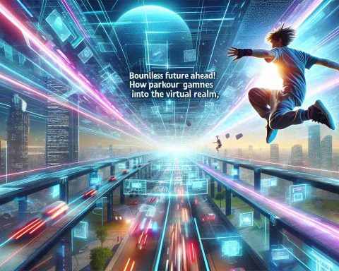 Create a high-definition, realistic image that illustrates the concept of parkour video games progressing into the virtual realm. The graphic should feature a parkour athlete, digitally integrated within the conceptual architecture of a futuristic virtual reality arena. The athlete should appear in mid-jump, moving across a high-tech landscape filled with futuristic lights and virtual neon objects. The image should convey a sense of invigorating speed and exciting potential. The phrase, "Boundless Future Ahead! How Parkour Games Are Leaping into the Virtual Realm," should be included as a digital banner in the vivid sky of this limitless virtual world.