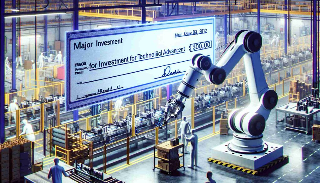 Render a vivid, high-definition illustration that symbolizes a robotic revolution in the factory setting. Depict a robotic arm efficiently assembling parts on a production line within a bustling, high-tech factory setting. Include an oversized symbolic check to represent a major investment. Engrave the check with the phrase 'Major Investment for Technological Advancement'.