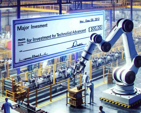 Render a vivid, high-definition illustration that symbolizes a robotic revolution in the factory setting. Depict a robotic arm efficiently assembling parts on a production line within a bustling, high-tech factory setting. Include an oversized symbolic check to represent a major investment. Engrave the check with the phrase 'Major Investment for Technological Advancement'.