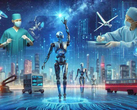 Create a realistic high definition image showcasing the future of robotics. This should include three main elements: a humanoid robot reaching for the stars symbolizing constant growth and innovation, a surgeon robot showcasing precision and safety, and an assembly line robot representing efficiency and automation. The background should show a futuristic city with towering skyscrapers and neon lights. Overlay the image with digital circuits and blue holographic imagery representing artificial intelligence and data processing. Please refrain from including any identifiers of any real companies or brands.