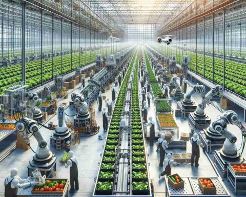 Generate a high-definition image that depicts the revolutionary aspect of modern food production. The scene should include an automated assembly line showing robotics and machinery efficiently handling processes like planting, harvesting, and packaging. Include visual elements like conveyor belts buzzing with activity, robotic arms tactically managing tasks, and drones monitoring the overall operations. The setting should be a large scale industrial greenhouse with rows of fresh produce beneath artificial light. To show diversity, present workers of different descents such as Black, Caucasian, and Hispanic, with both male and female genders, supervising the operations.