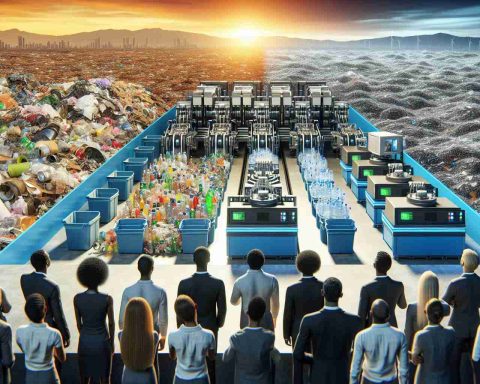 A realistic high-definition image displaying the future scenario of waste sorting. A horizon divided into two parts, one representing the current inefficient waste disposal model with heaps of unsorted trash, and the other part showcasing the future model of waste sorting. The new model has ultra-modern automated sorting machines that currently don't exist, equipped with AI technology. In the forefront, an array of recyclable items including plastic bottles, cans, and paper, perfectly sorted into corresponding bins. To enhance diversity, a group of people, including a black male engineer, a Hispanic female technician, and a Middle-Eastern environmentalist, are viewing the process.