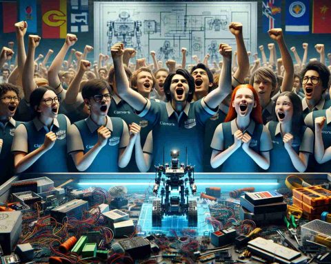 A high definition, realistic portrayal of a triumphant moment. A group of students from Claremore, hailing from diverse descents and genders, excitingly gearing up for a global robotics competition. Their faces are filled with anticipation and determination, dressed in matching team uniforms. The bustling of preparation dominates the scene - components of robots scatters around, soldering irons fuming on one side, motherboards on the other. In the background, blueprints and designs of their ambitious project are clearly visible, adding to the richness of the scene.