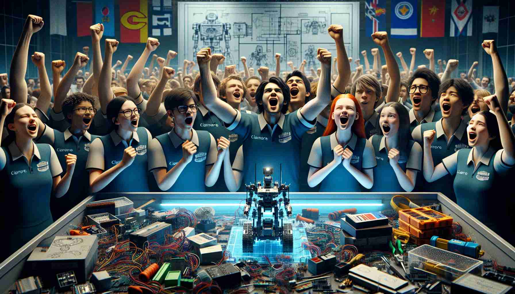 A high definition, realistic portrayal of a triumphant moment. A group of students from Claremore, hailing from diverse descents and genders, excitingly gearing up for a global robotics competition. Their faces are filled with anticipation and determination, dressed in matching team uniforms. The bustling of preparation dominates the scene - components of robots scatters around, soldering irons fuming on one side, motherboards on the other. In the background, blueprints and designs of their ambitious project are clearly visible, adding to the richness of the scene.