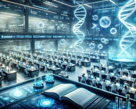 An high-definition image representing the pioneering future of biotechnology. The scene may consist of a visually stunning laboratory bustling with scientists of various descents and genders. The workspace is filled with advanced machinery and futuristic test tubes that emit a soft, mysterious glow. On the workbenches are open textbooks, clearly marked with the words 'Biotechnology: Future Perspectives'. Floating holographic structures of DNA strands can also be seen in the mid-air, signifying a merge of technology and biology. A sign at the top of the lab reads 'Advancing into the Future'.