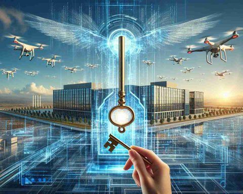 An image depicting the concept of a drone company unlocking the future, shown as a futuristic HD scene. There's a hand holding a golden key, symbolizing 'unlocking'. The key is inserted into a transparent tech-like lock floating in the air, surrounded by lines of code and holographic displays. In the background, a company's modern headquarters stands tall under a clear blue sky; the company logo is subtly displayed on the building. High above, a fleet of advanced looking drones is shown soaring in formation, hinting towards a promising future of the drone industry.