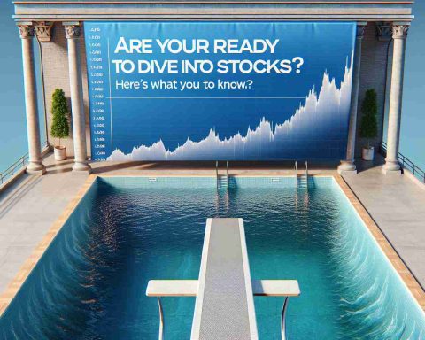 Realistic HD image of a diving board extending over a pool of water that has the shape of a stock market graph, rising and dipping. The diving board and the scene around it is welcoming, inviting the viewer to take a step forward. Overhead is a bold banner that reads 'Are You Ready to Dive into Stocks? Here’s What You Need to Know'. It is clear and sunny, suggesting an optimistic outlook on the stock market journey.