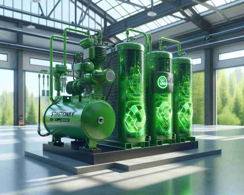 A high definition, realistic image of innovation in air compression technology. The scene should depict stationary air compressors, traditionally known for their high energy consumption, now embracing sustainable solutions. One can see a stationary compressor standing tall, designed with green, eco-friendly materials that signify its green technology. A symbol or a banner that says 'Go Green' can also be included to emphasize the environmental-friendly aspect. The setting could be inside a spacious, well-lit industrial warehouse or an outdoor setup with greenery in the background.