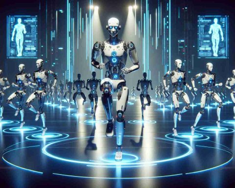 Generate a high-definition, realistic image of a group of humanoid robots tirelessly dancing in an imagined scene of future interactive entertainment. The futuristic setting is enhanced by neon lights, holographic displays and advanced technology surrounding the robots. The centerpiece should be a robot named Freddy, more advanced and uniquely designed, leading the synchronized dance.