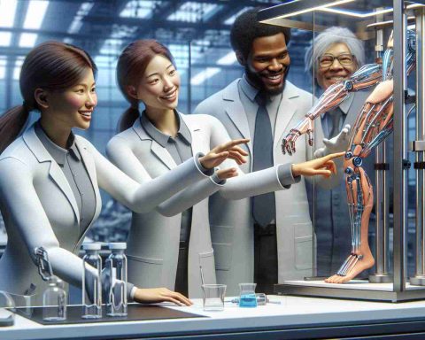 A high-definition, realistic image representing a groundbreaking scientific discovery in the field of medicine: the restoration of touch. The scene features a laboratory setting with a diverse team of scientists (female Asian scientist, a male Black scientist, and a Middle-Eastern female scientist). They are collectively working on a futuristic looking machine connected to a human arm mannequin, simulating the process of regaining touch. Excitement and determination are apparent on their faces as they stand on the brink of this revolutionary advancement.