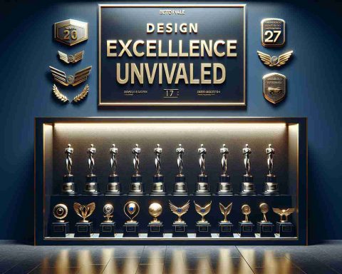 Generate a realistic high-definition (HD) photo of an imaginary automobile company that has achieved recognition by winning 17 innovation awards. The image includes an array of shiny trophy figurines symbolizing the awards, each distinct in design, neatly arranged on a polished ebony showcase. Above this display, in bright, gold, embossed letters on a deep blue banner, is an announcement proclaiming 'Design Excellence Unveiled'. The subdued lighting in the room casts a warm glow over the entire scene, highlighting the accomplishments of the company.