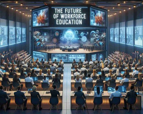 A hyper-realistic, high-definition image highlighting the revolution in workforce education, showcased with an innovative training center. The center contains advanced learning technologies such as virtual reality headsets, large digital screens displaying analytical data, and an audience of professionals from diverse descents and genders actively engaged in learning. On the screen, towering letters spell out 'The Future of Workforce Education'. The room is bathed in a twilight glow from modern lighting, emphasizing a futuristic ambiance. People in the room are intently focused on the knowledge being shared, embodying the culture of continuous learning.