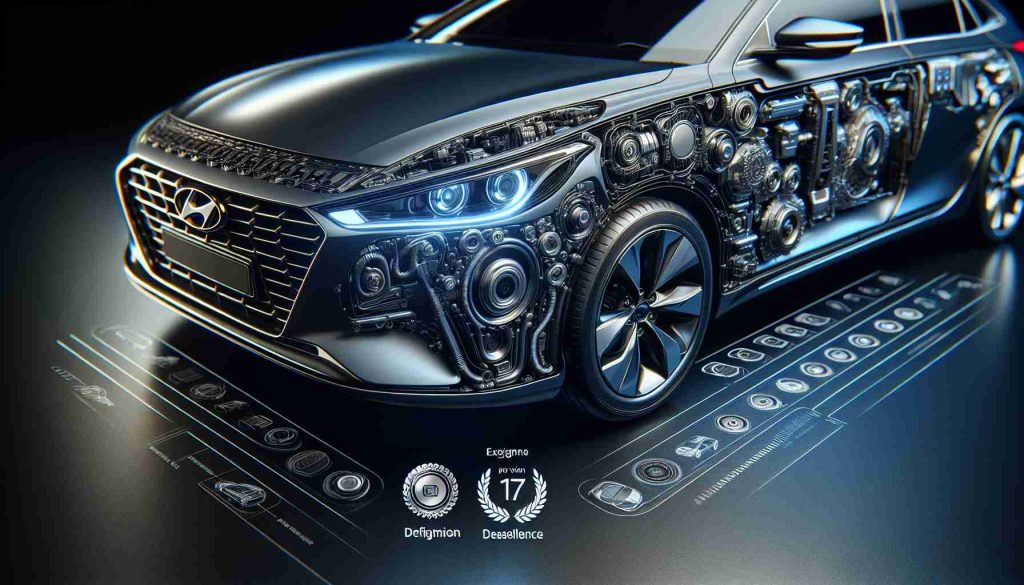 A high-definition, realistic image showcasing the design excellence of Hyundai cars that have proudly won 17 awards. The image focuses on the innovative features and cutting-edge designs that have taken center stage. It may include close-ups of sleek body lines, modern interfaces, advanced safety systems, and luxurious interiors.