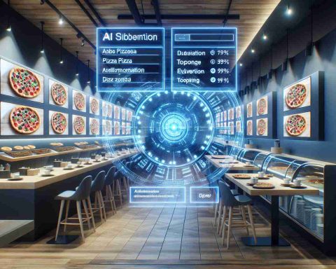 Generate a high definition, realistic image of a theoretical AI system in a pizza restaurant. The system is designed to streamline the process of ordering pizza, with screens displaying various pizza types and potential toppings. The environment should be modern and sleek, reflecting advanced technology in the food service industry.