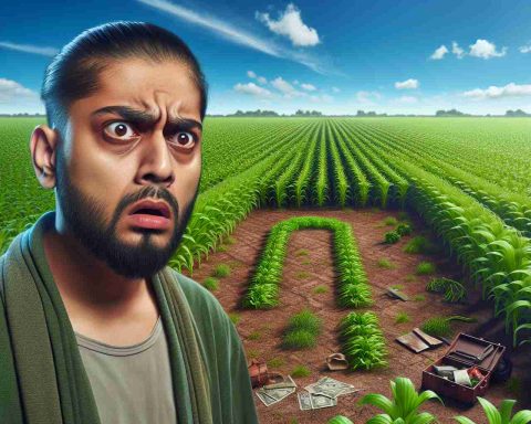 A realistic HD image that depicts the scene of an unusual theft discovered in beautiful, expansive fields. A perplexed man, South Asian in descent, stands near a huge, vacant space where crops used to be. His expression conveys pure shock, perhaps at the audacity of this unusual theft. The field is made up of green, lush vegetation, and the sky above is a brilliant blue, dotted with white clouds. Clues around the scene suggest the bizarre nature of the theft - left-behind objects that seem out of place in a field.